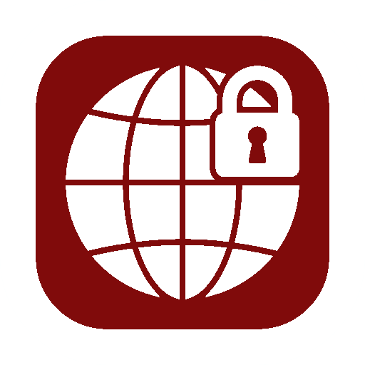 Red icon of a globe with a padlock symbol, representing internet security.