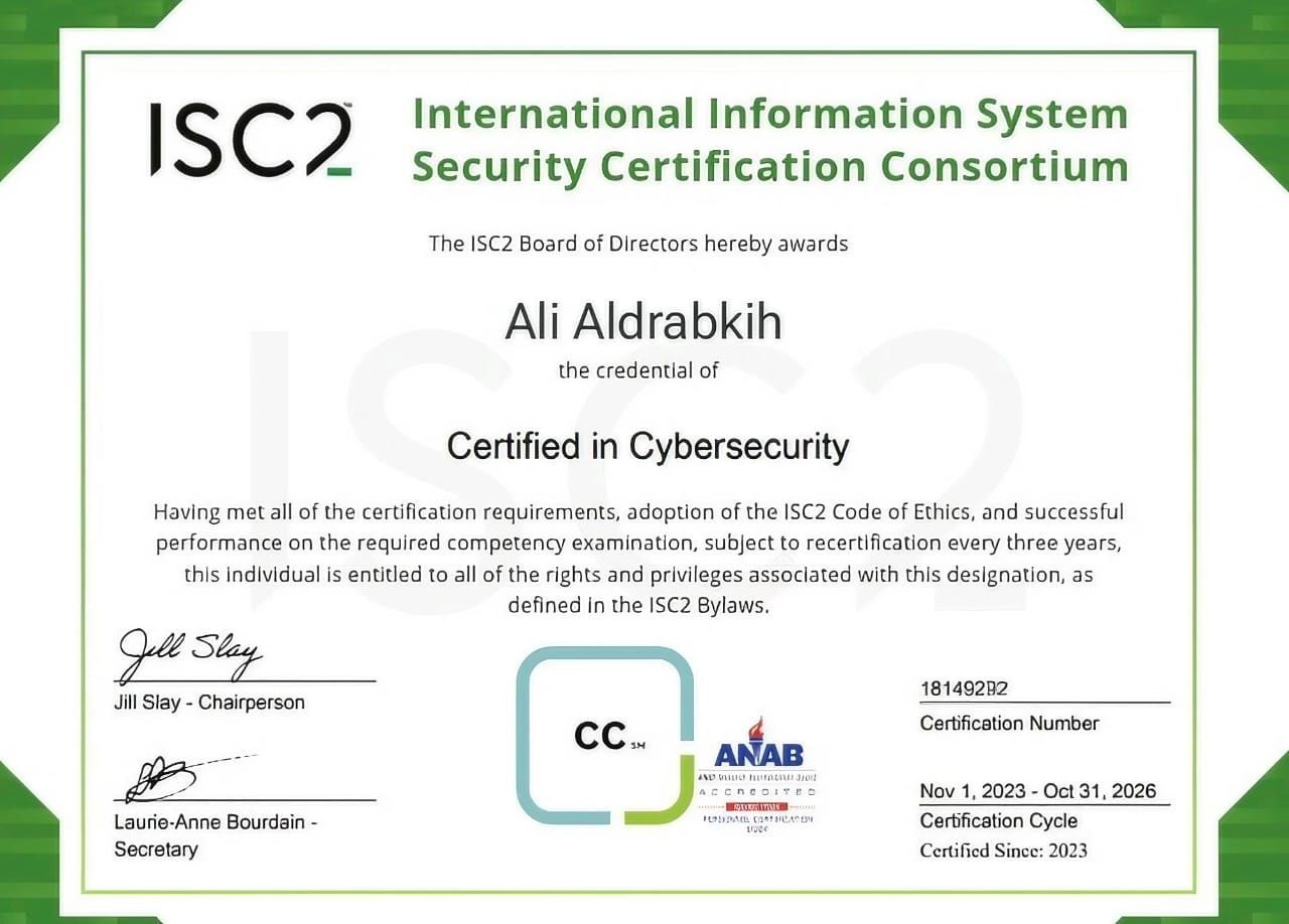 ISC2 certification certificate for cybersecurity, issued to a recipient, with official signatures and details.
