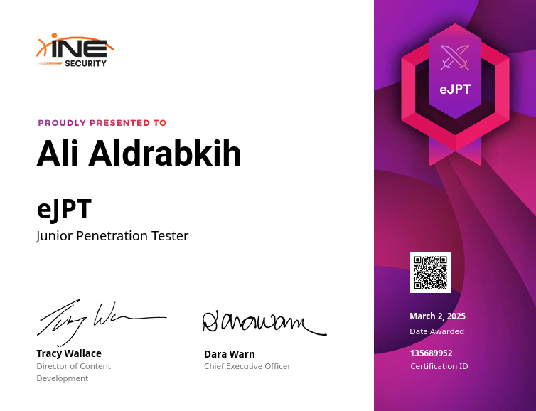 eJPT Junior Penetration Tester certificate awarded by INE Security.
