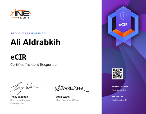 eCIR Certified Incident Responder certificate awarded to Ali Aldrabkih by INE Security.