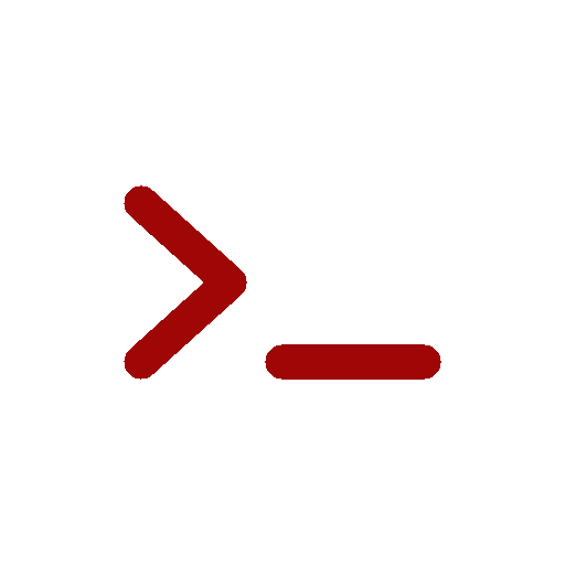 Red command line terminal icon with a greater-than sign and underscore on a white background.