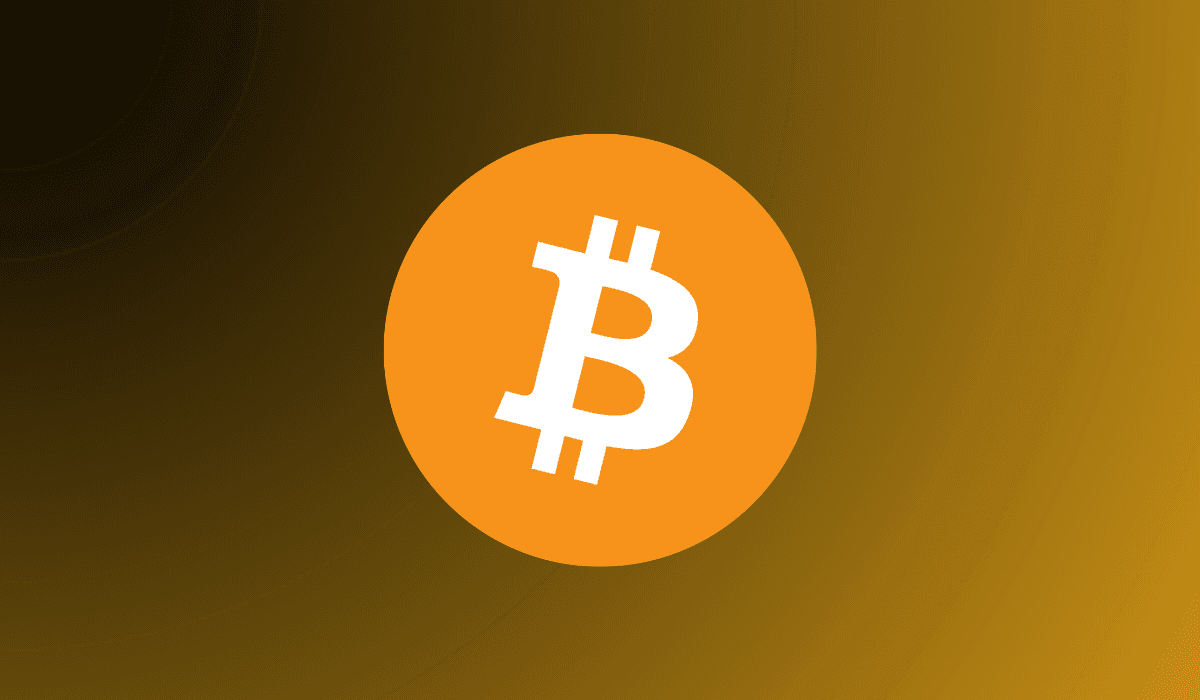 Bitcoin logo on an orange background with a gradient effect.