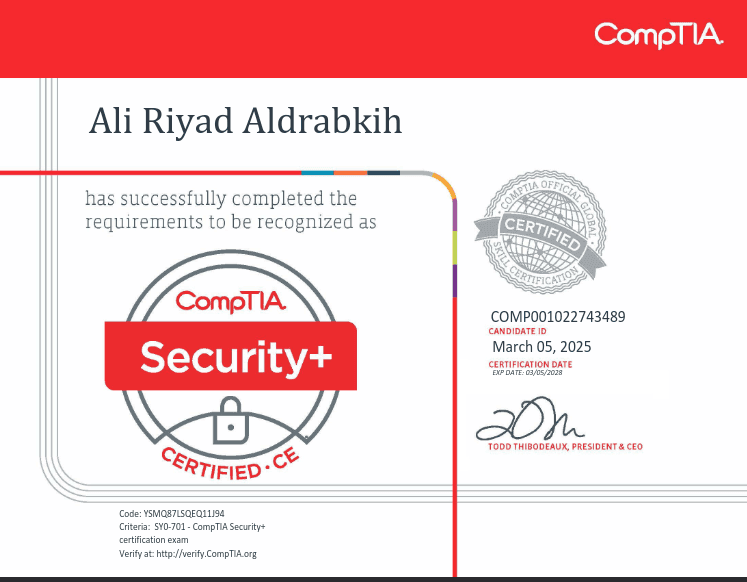 CompTIA Security+ certification with seal and signature.