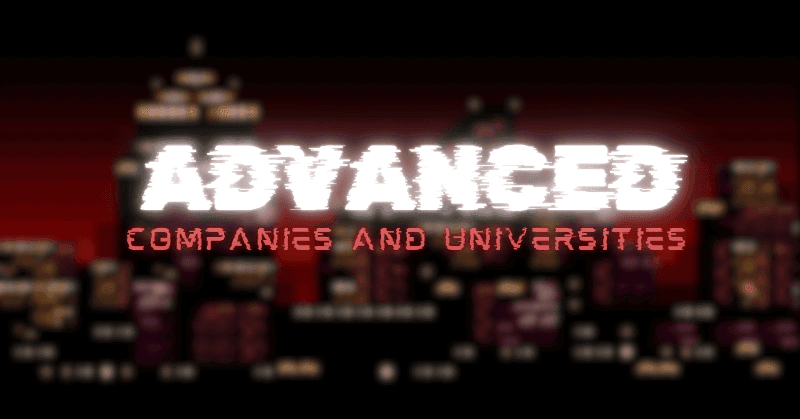 Text 'ADVANCED COMPANIES AND UNIVERSITIES' with a blurred cityscape background.