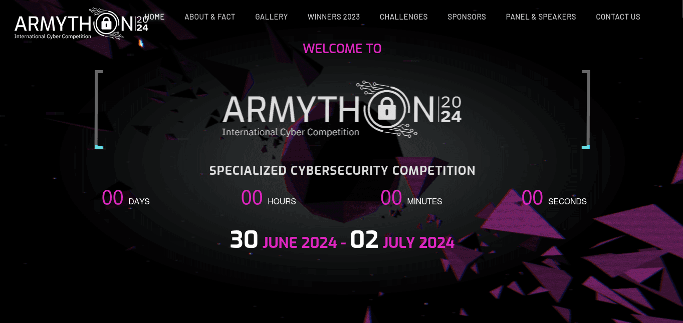 Web page for Armython 2024 International Cyber Competition with countdown timer and event dates.
