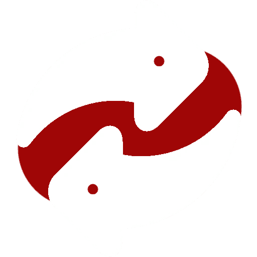 Abstract design of two intertwined fish in red and white.
