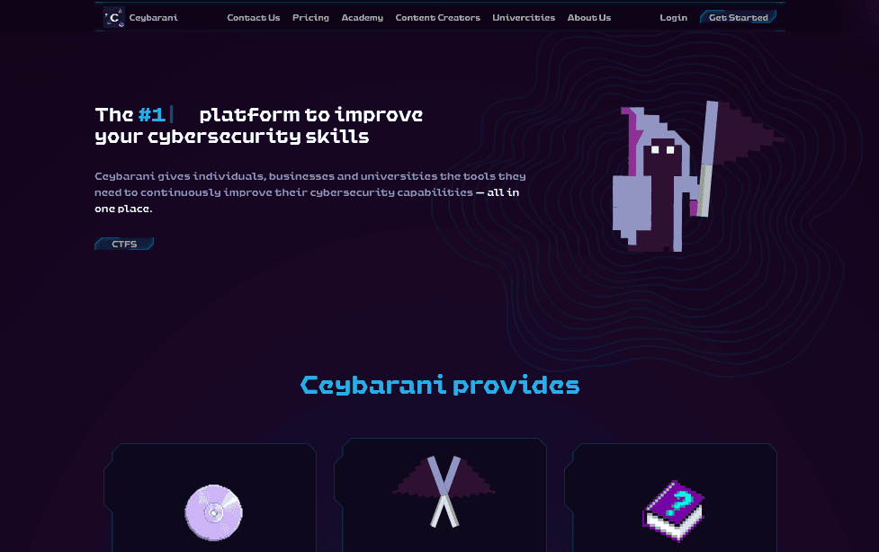 Page promoting a platform for improving cybersecurity skills with a pixel art figure holding a flag.