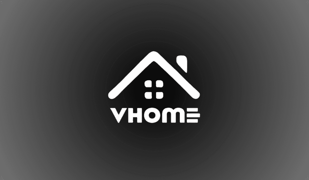 VHOME logo with stylized house icon on a dark gradient background.