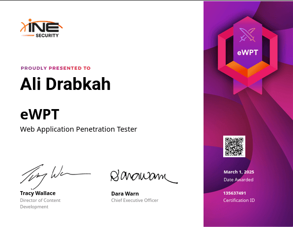 eWPT certification awarded to an individual, with signatures and a colorful design.