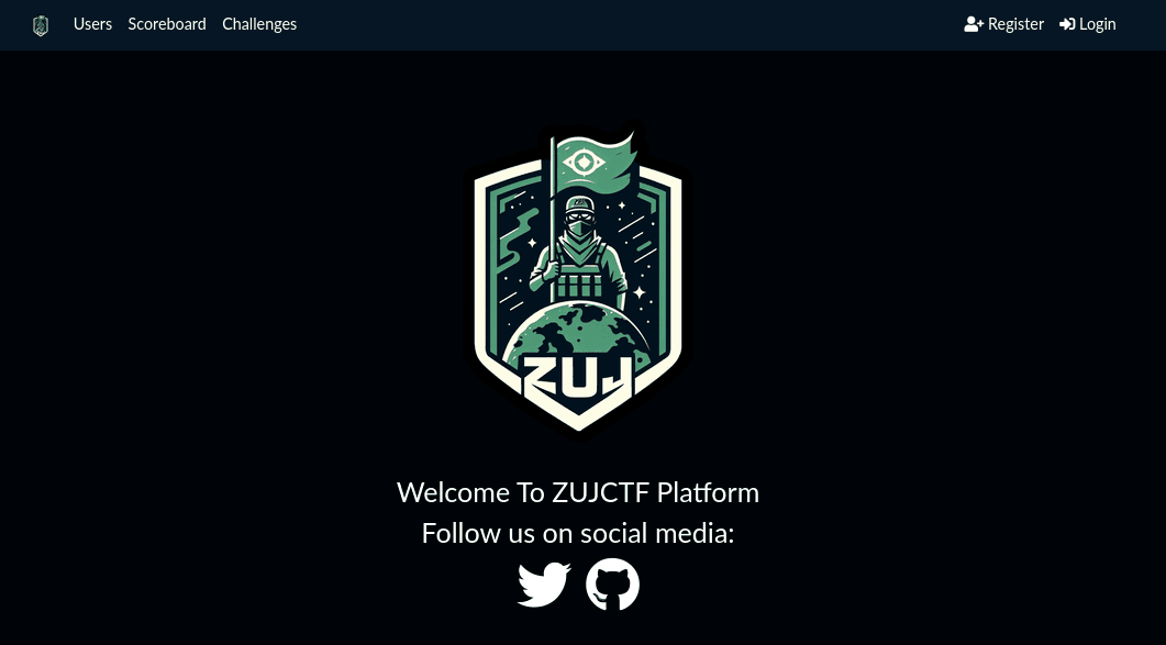 Welcome message for ZUJCTF platform with logo and social media icons for Twitter and GitHub.