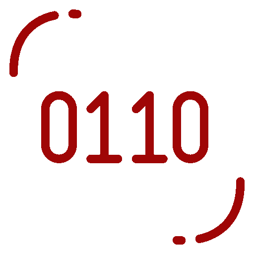 Stylized icon of an atom with a red binary code 0110 in the center.