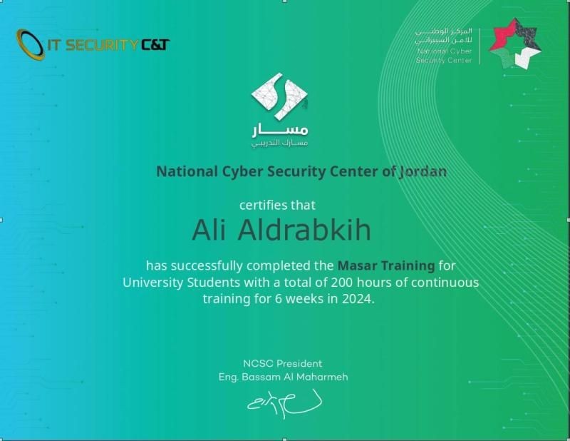 Certificate from National Cyber Security Center of Jordan awarded for completing Masar Training in 2024.